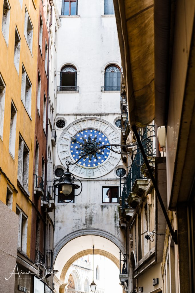 Narrow Venetian Streets and the reverse of Torre dell'Orologio, Venice, Italy - Venice in Spring