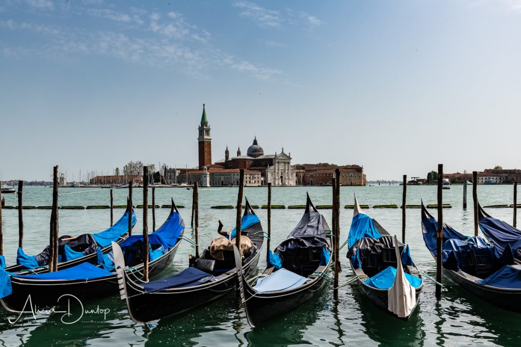 Waiting patiently - a group of gondolas bob quietly on the Grand Canal in Venice.